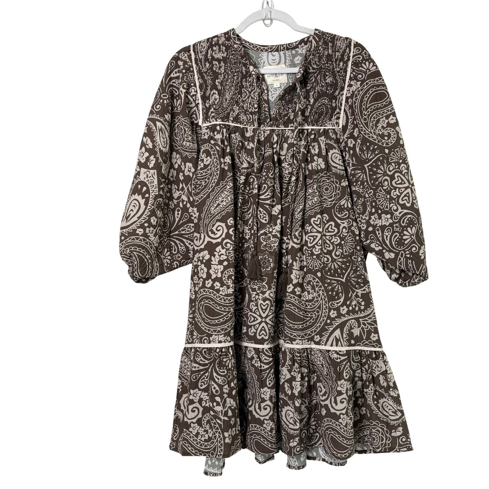 Umgee Paisley Babydoll Dress Womens L Brown Boho Smocked Tassel‎ Tiered K1323
